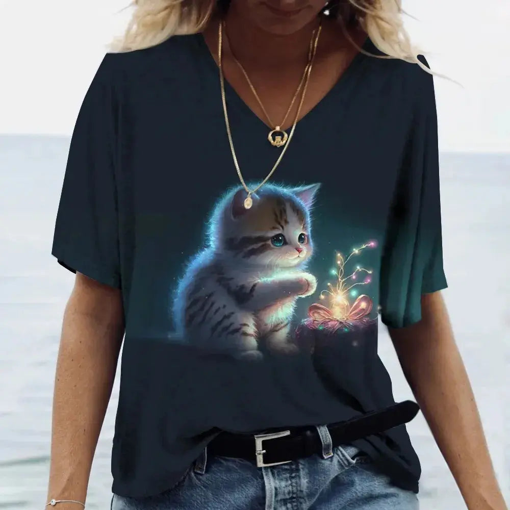 Fashion Women's T-shirt Cat Printed Short Sleeve Female Harajuku Tees Ladies T Shirt Oversized V-neck Tops Animal Women Clothing - Suncollections