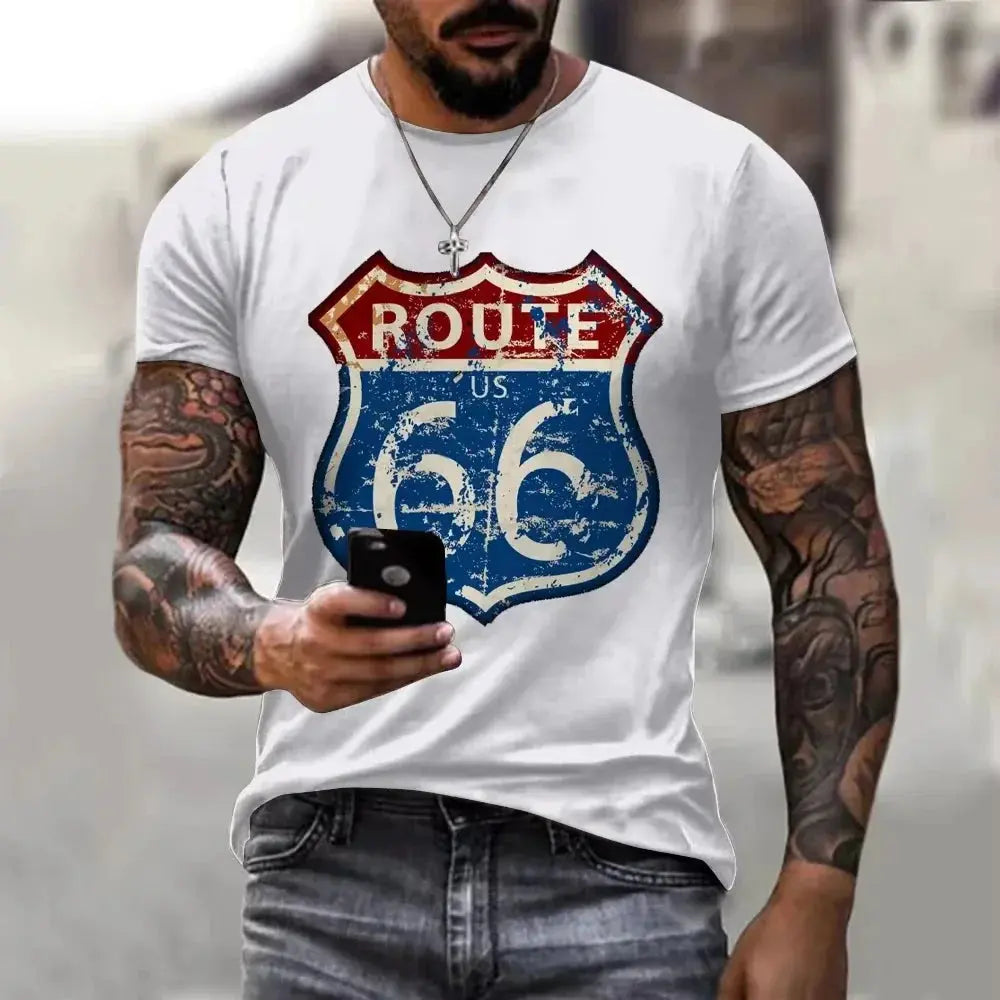 Newest Summer Mens Clothes Man 3d Printed Fashion Retro Short Sleeve Top Route 66 T Shirt Men Streetwear Short Sleeve T Shirt - Suncollections