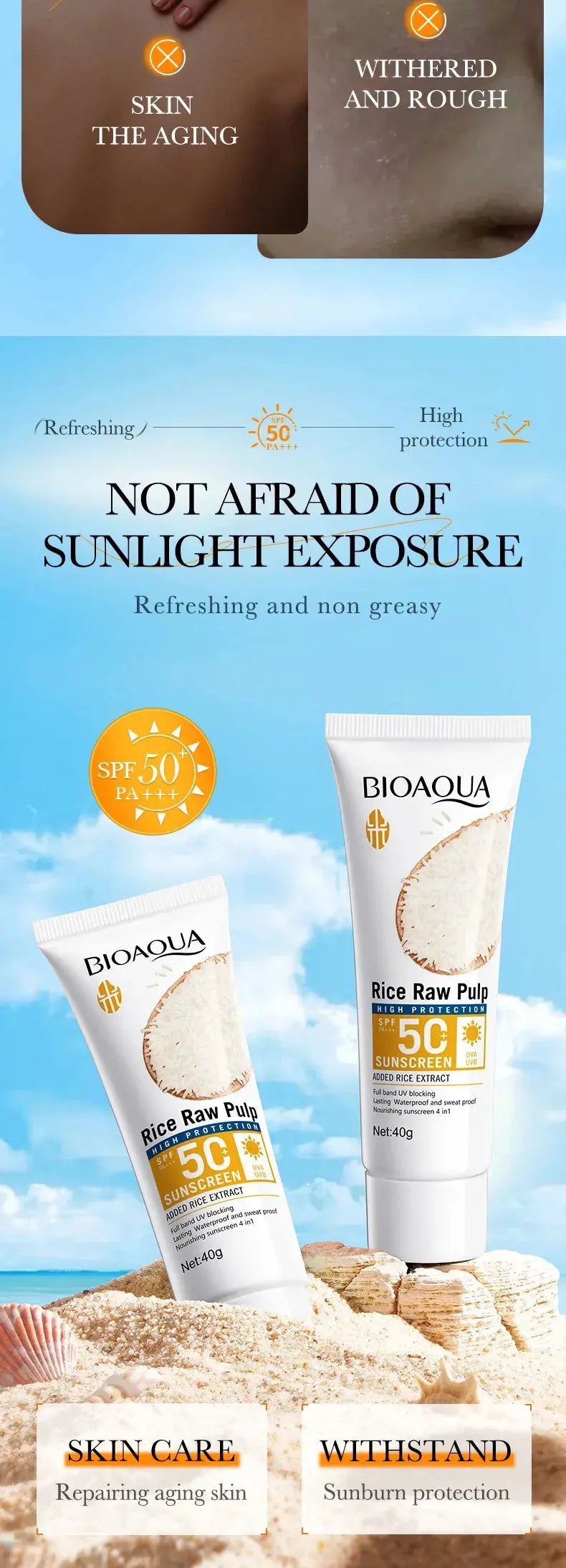 BIOAQUA Rice Raw Pulp Spf 50+ Sunscreen For Face Body Neck Back Protector Solar Blocker Brightening Facial Sun Cream Body Care - Suncollections