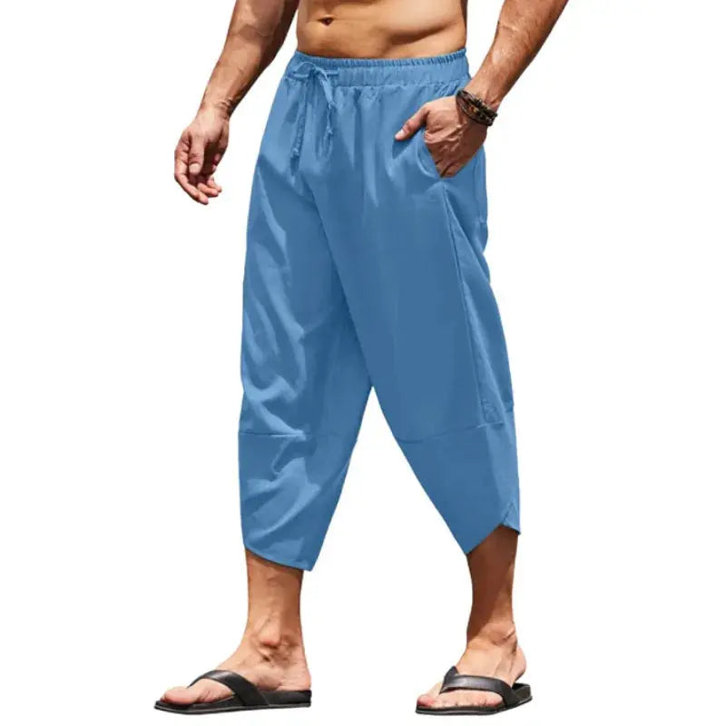 Men Summer Solid Color Capri Pants Harem Shorts Men Elastic Waist Drawstring 3/4 Length Cropped Trousers Baggy Sweatpants Suncollections