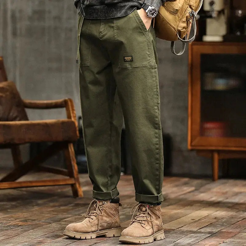 HIQOR Mens Clothing Spring Autumn Cargo Pants Man Cotton Casual Loose Trouser Belt Mid Waist Joggers Male Straight Baggy Pants Suncollections