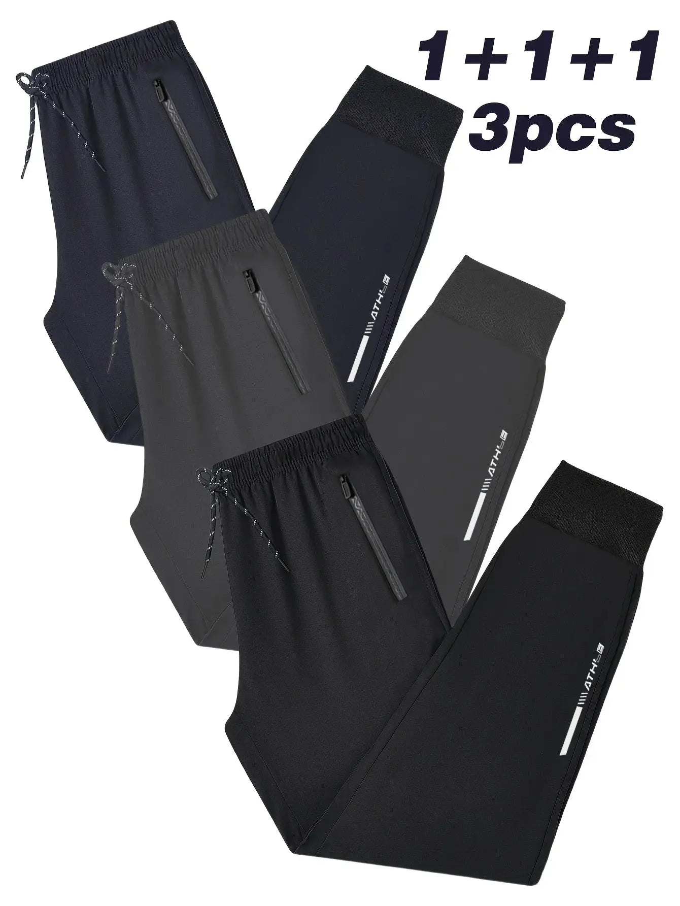 3 Pack Mens Jogger Pants Zipper Ankle Cuff Slim Fit Stretch Casual Running Lounge Sweatpants Trousers for Gym Workout Training Suncollections