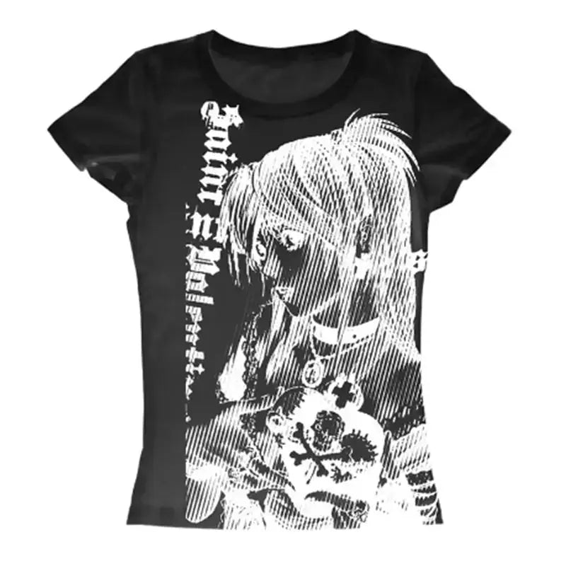 Y2k anime Streetwear O-neck 90s Text Printing Tops Women Harajuku Clothes Simple Vintage Crop Tee Aesthetic emo Casual T-shirt - Suncollections