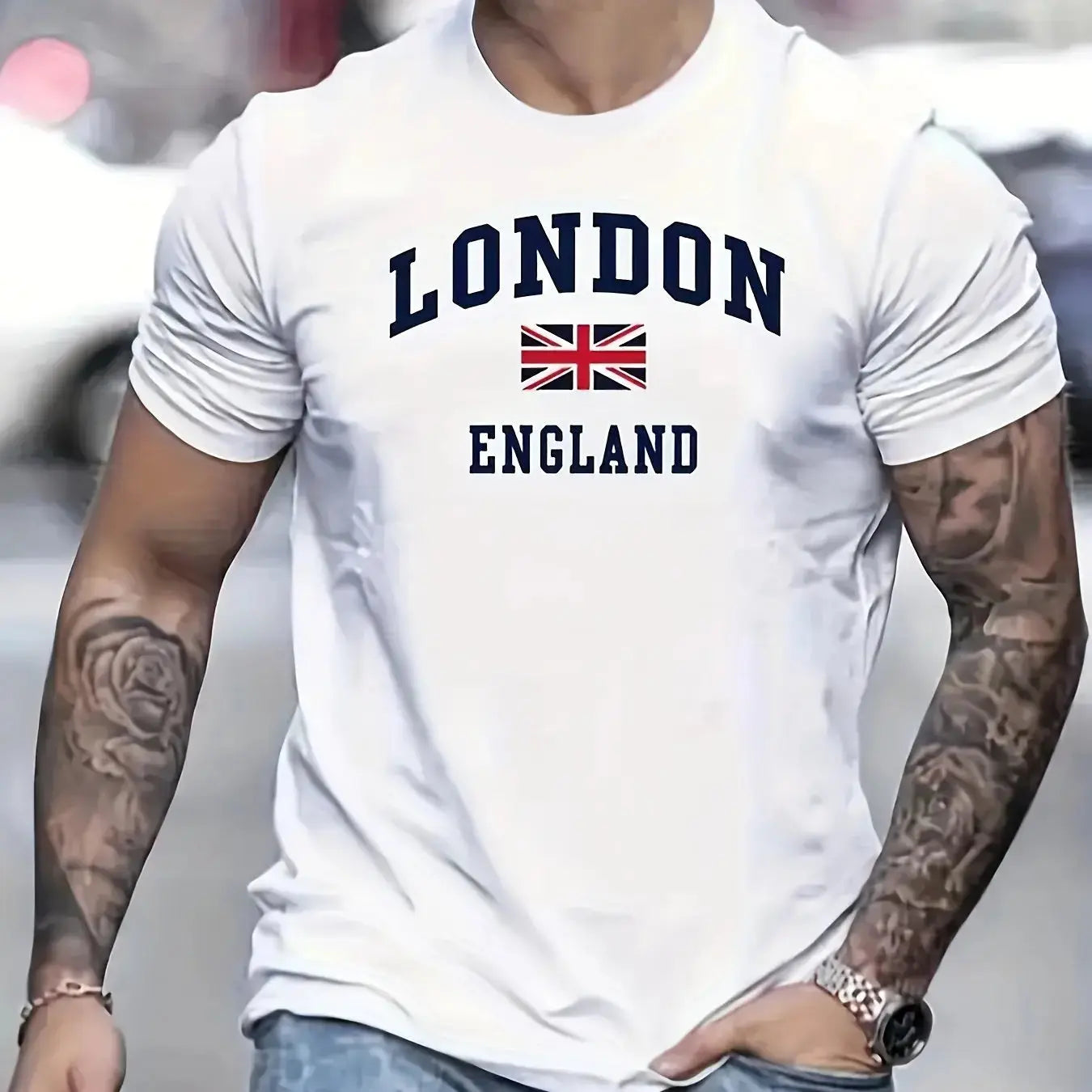 Summer men's 100% pure cotton casual loose fit plus size London England pattern printed round neck short sleeved T-shirt top - Suncollections