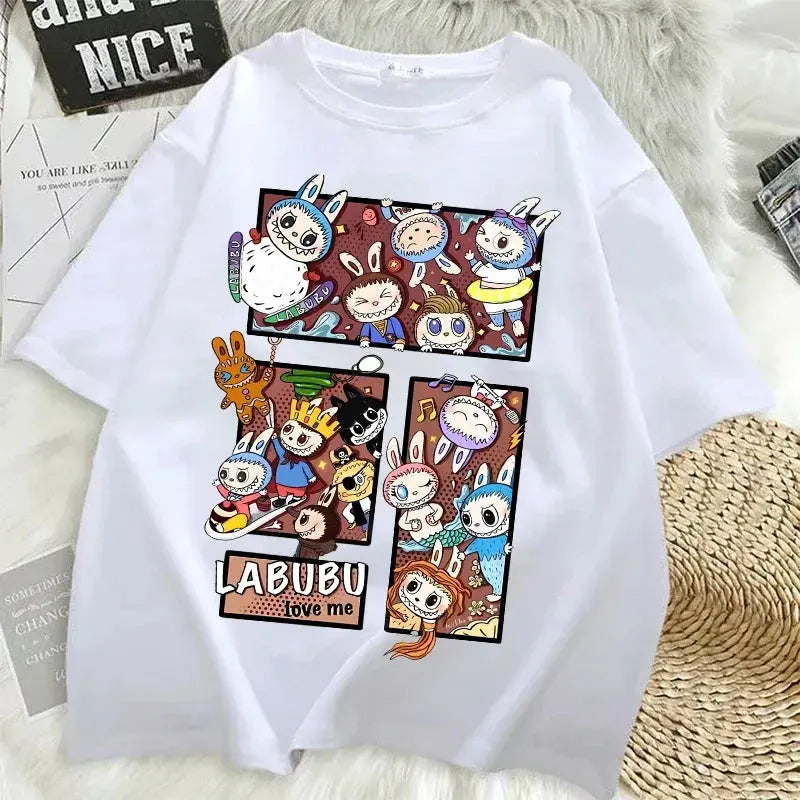 Pop Mart Labubu T-shirts for Women Anime Fashion Short Sleeved Top Summer Hip Hop Black White T-shirt High Quality Clothes - Suncollections