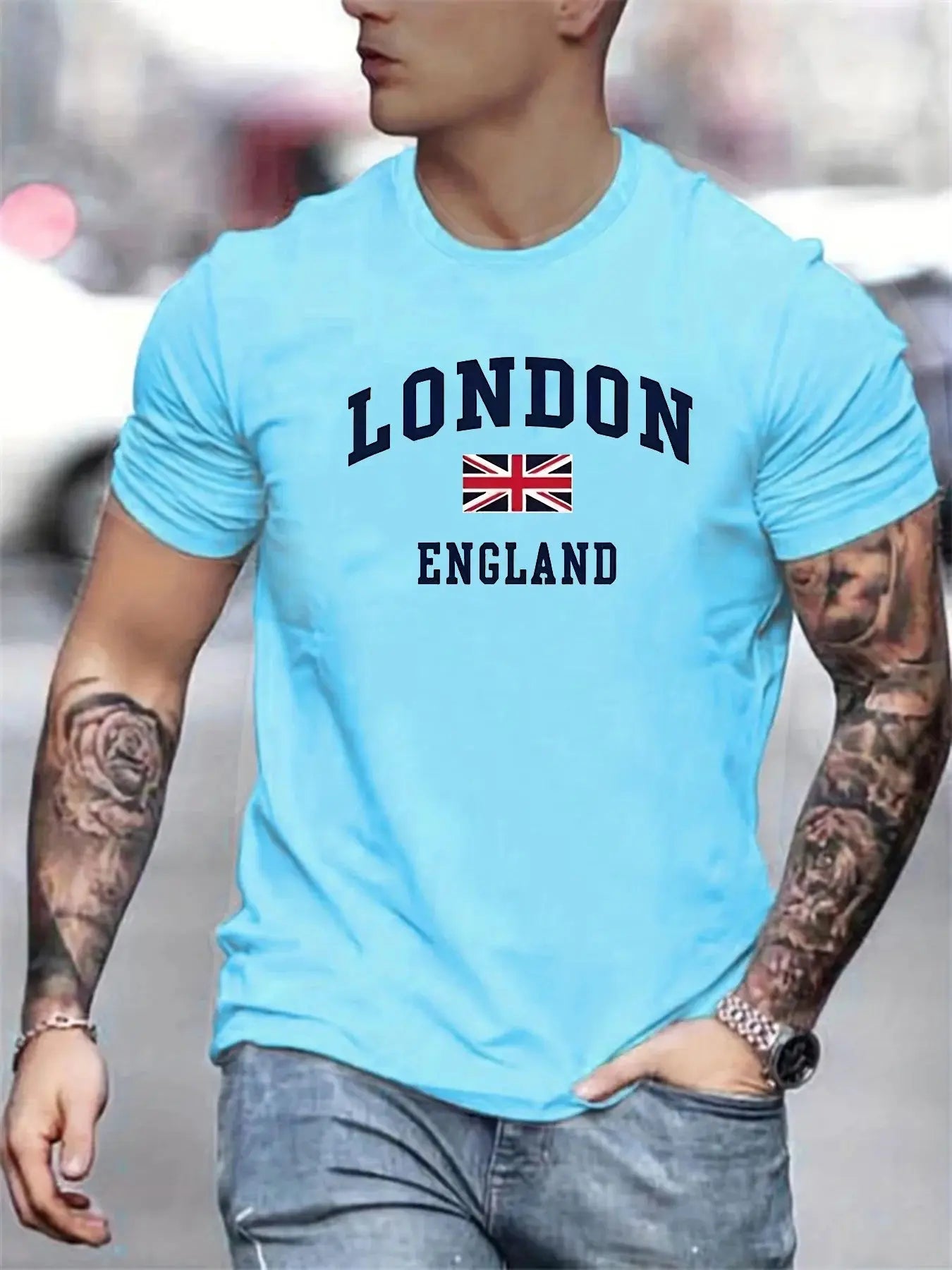 Summer men's 100% pure cotton casual loose fit plus size London England pattern printed round neck short sleeved T-shirt top - Suncollections