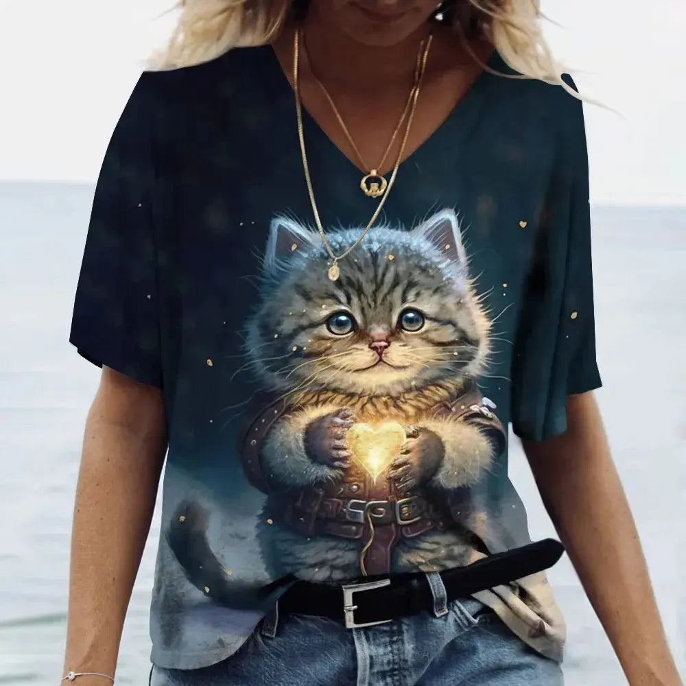 Fashion Women's T-shirt Cat Printed Short Sleeve Female Harajuku Tees Ladies T Shirt Oversized V-neck Tops Animal Women Clothing - Suncollections