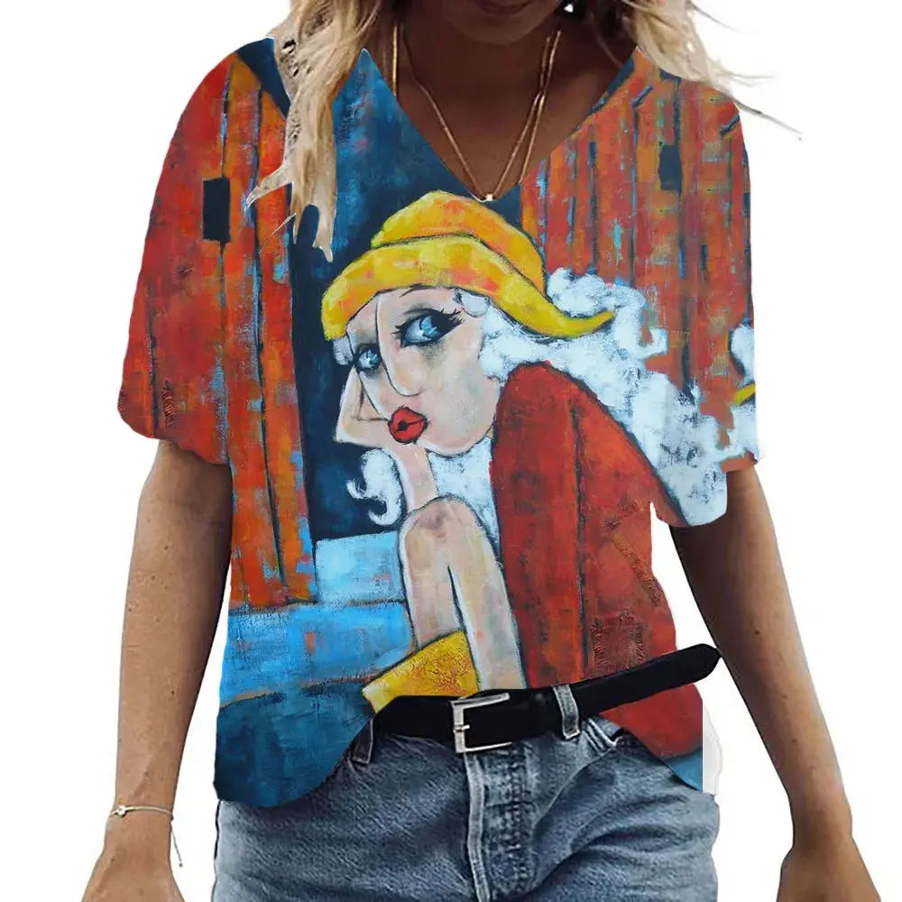 Women's Summer T-Shirt V Neck Short Sleeve Top Abstract Portrait Painted T-Shirt Women's Loose Casual T-Shirt Street Style - Suncollections
