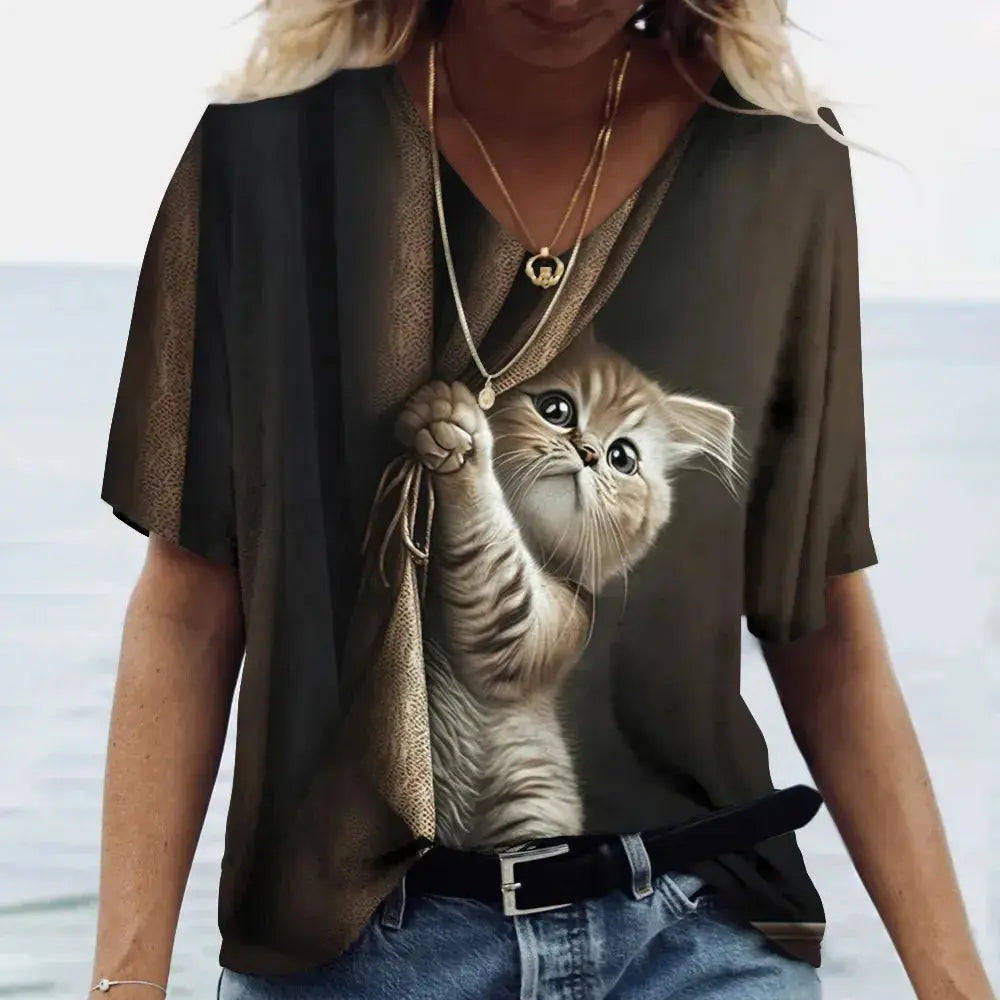 Fashion Women's T-shirt Cat Printed Short Sleeve Female Harajuku Tees Ladies T Shirt Oversized V-neck Tops Animal Women Clothing - Suncollections
