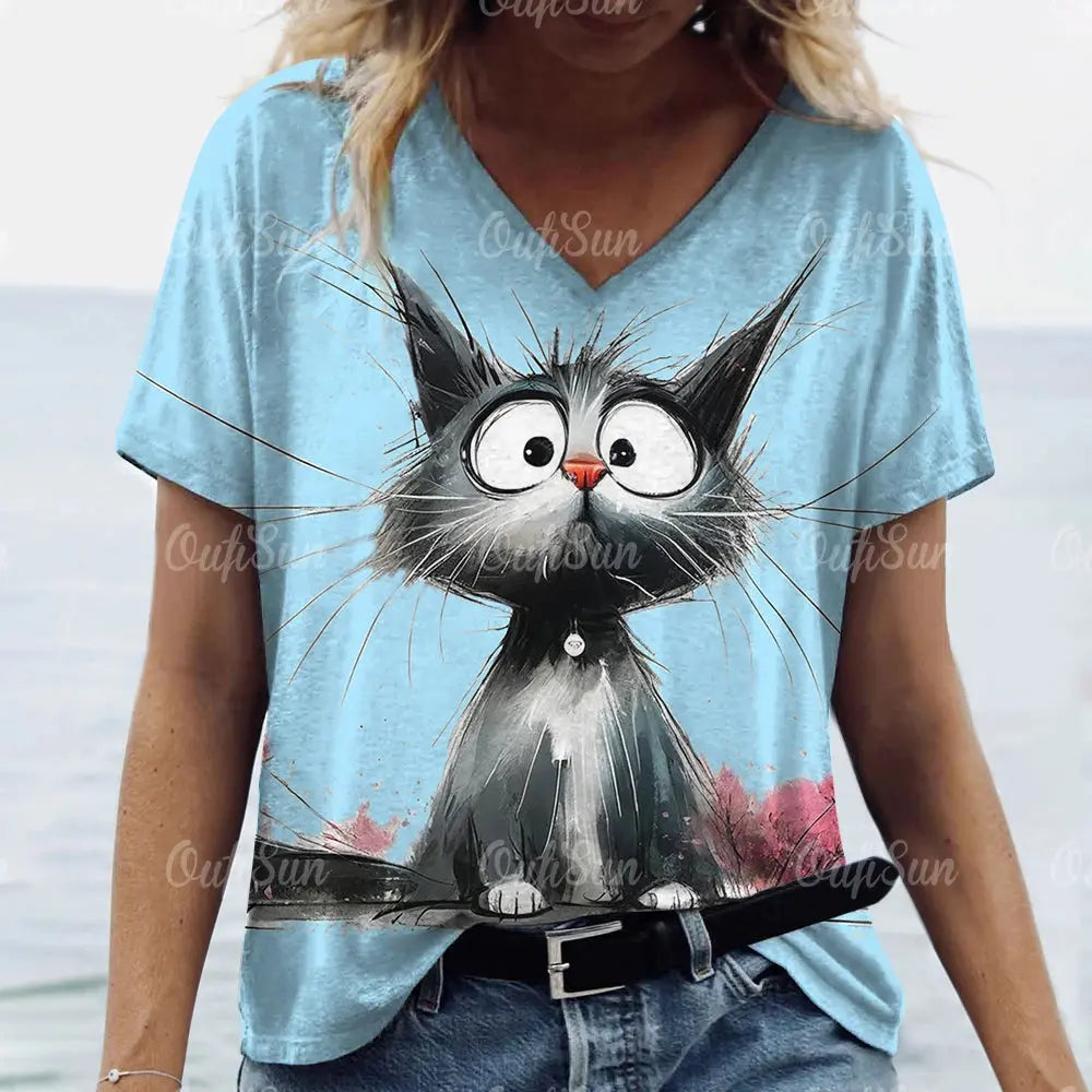 Summer Women's T Shirt Cat Print Casual Short Sleeve 3d T-Shirts Fashion Streetwear Crew Neck Pullover Female Oversized Clothing - Suncollections