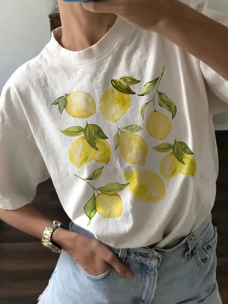 Cute Lemon Fruit T Shirt Short Sleeve Loose Botanical Tshirt Vintage Cottagecore Clothes Women Retro Aesthetic T-Shirts - Suncollections