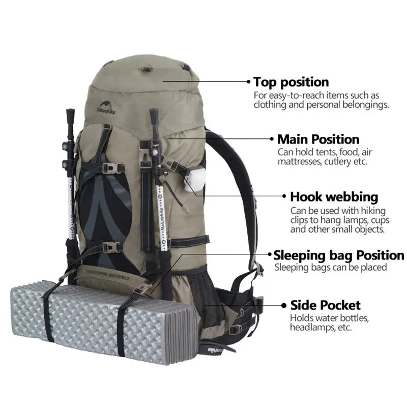 Naturehike 70L Camping Backpack Ergonomic Large Capacity Hiking Bags For Man With Rain Cover Outdoor Travel Trekking Backpacks - Suncollections