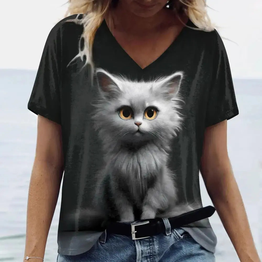 Summer Women's T Shirt Cat Print Casual Short Sleeve 3d T-Shirts Fashion Streetwear Crew Neck Pullover Female Oversized Clothing - Suncollections