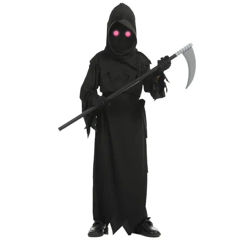 Halloween Cosplay Costume Grim Reaper Scary Skeleton Costume Children Glowing Red Eyes Grim Reaper Ghost Robe Send Scythe Props Suncollections