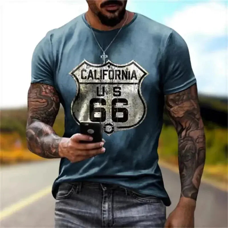 Newest Summer Mens Clothes Man 3d Printed Fashion Retro Short Sleeve Top Route 66 T Shirt Men Streetwear Short Sleeve T Shirt - Suncollections