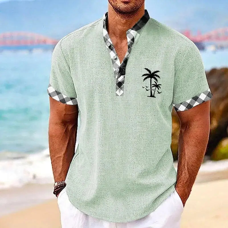 Coconut Tree Plaid 3D Print Henley Shirts Men's Casual Oversized Button Stand Collar Short Sleeve T Shirt Tees Tops Man Clothing - Suncollections