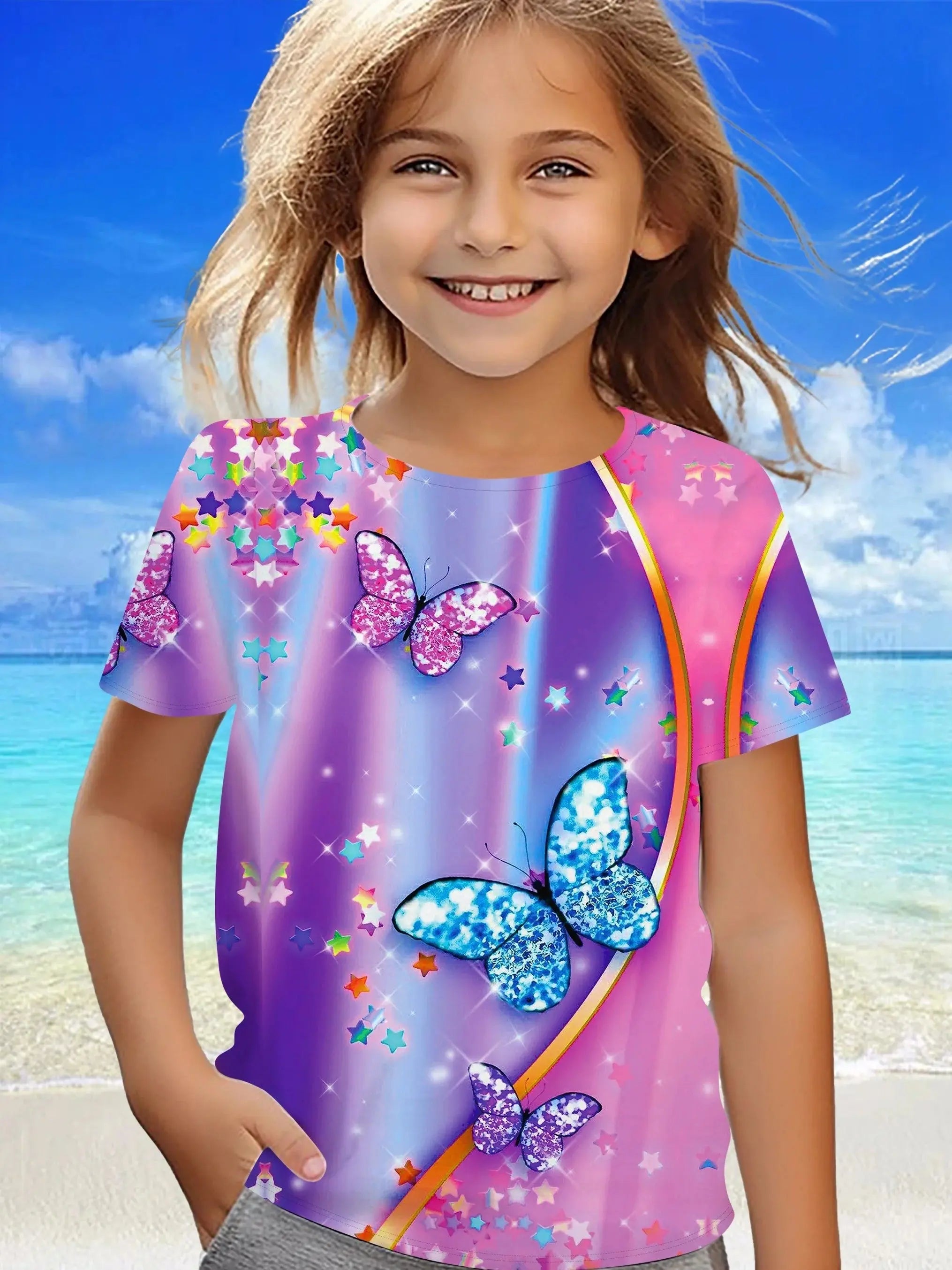 Children's Clothing Girl Clothes Short Sleeve Girl T-Shirt Prety Butterfly Print Kawaii Round Neck Girl Top Kids Summer Clothes - Suncollections