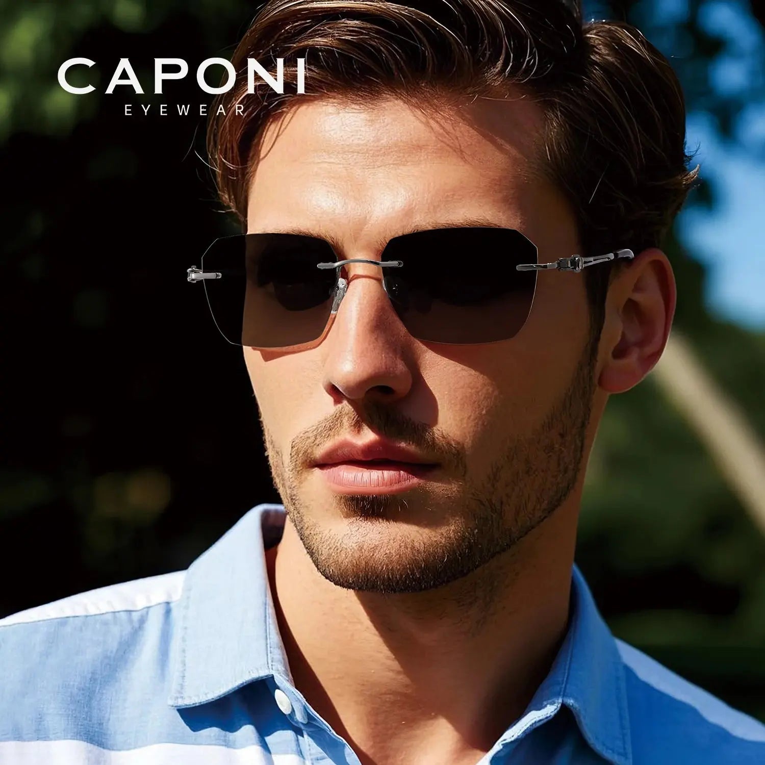 CAPONI Sunglasses Men Polarized Outdoor Ultra Light Pure Titanium Black Sunglasses Original Designer Photochromic Shade BS23503 - Suncollections