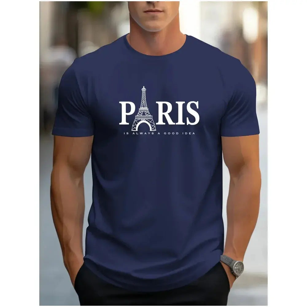 Casual Paris Pattern Men's T-Shirt Short-Sleeved Tops New Summer Clothing Harajuku Letters Printed Loose Large Size O-Neck Tees - Suncollections