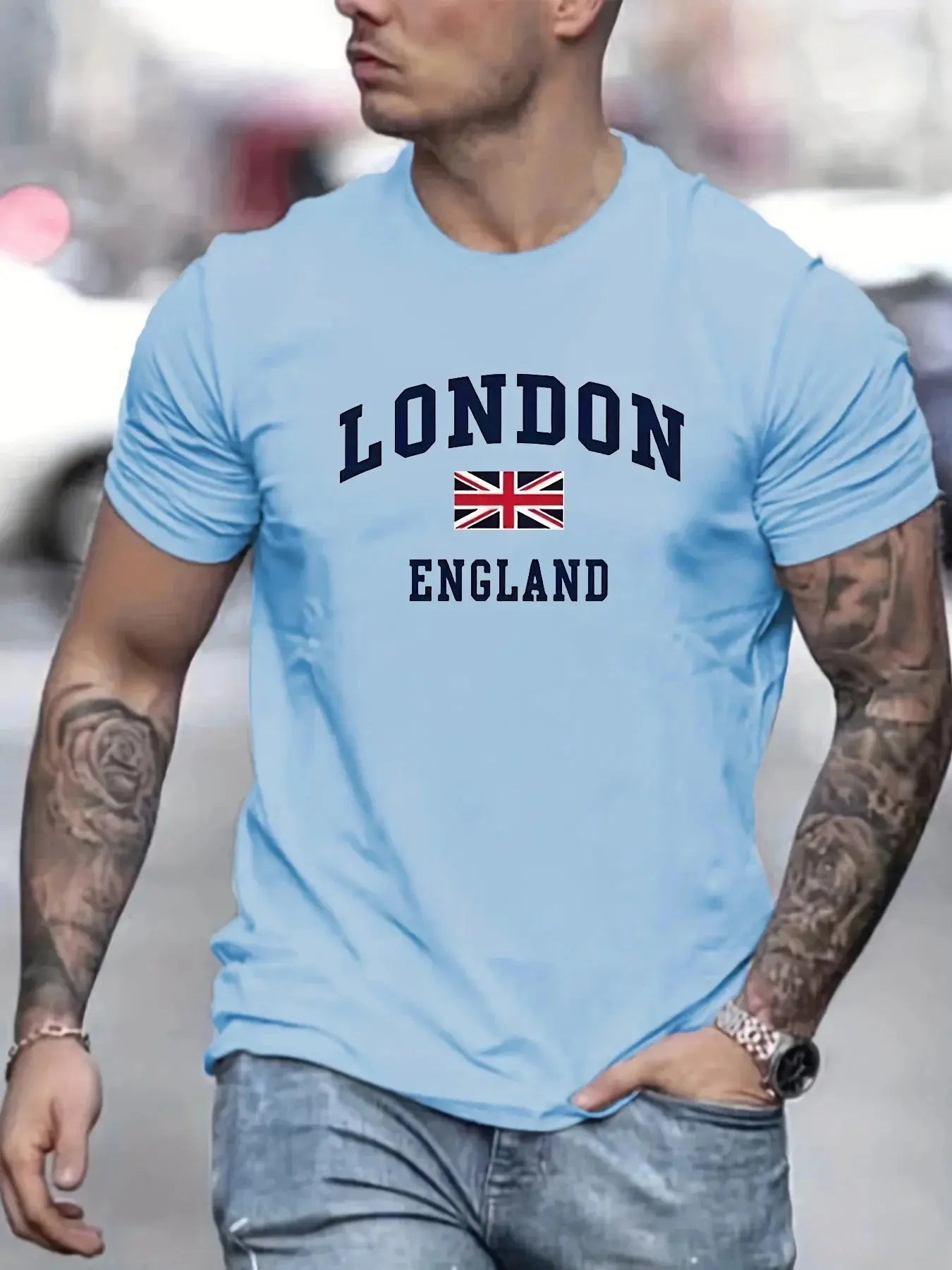 Summer men's 100% pure cotton casual loose fit plus size London England pattern printed round neck short sleeved T-shirt top - Suncollections