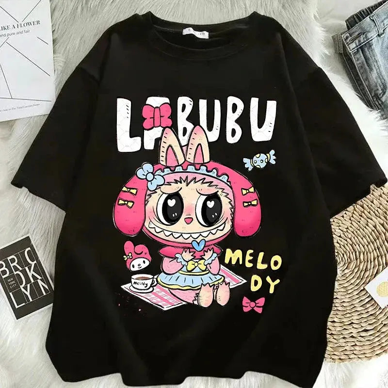 Pop Mart Labubu T-shirts for Women Anime Fashion Short Sleeved Top Summer Hip Hop Black White T-shirt High Quality Clothes - Suncollections