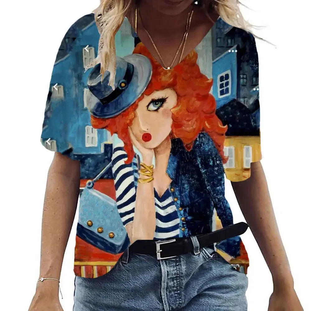 Women's Summer T-Shirt V Neck Short Sleeve Top Abstract Portrait Painted T-Shirt Women's Loose Casual T-Shirt Street Style - Suncollections