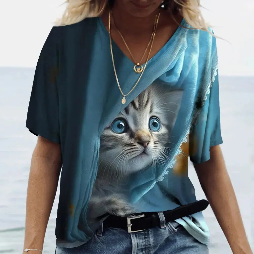 Fashion Women's T-shirt Cat Printed Short Sleeve Female Harajuku Tees Ladies T Shirt Oversized V-neck Tops Animal Women Clothing - Suncollections