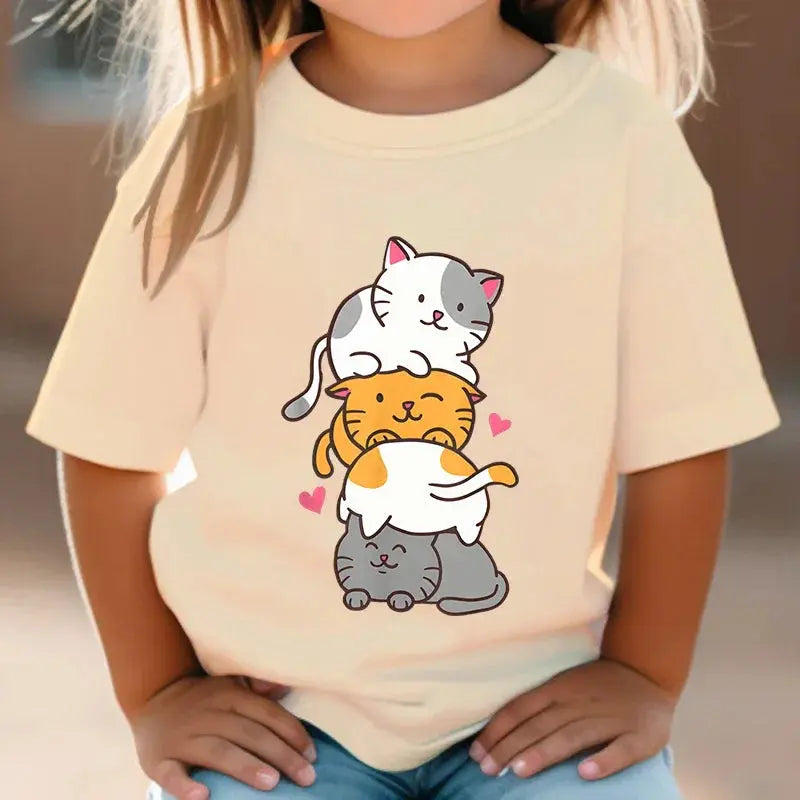 Cute Cat Graphic Kids Tshirts Kawaii T-Shirt Kids Summer Short Sleeve Tees Cartoon Animal Boys Girls Kawaii Kitten Tops Tshirt - Suncollections