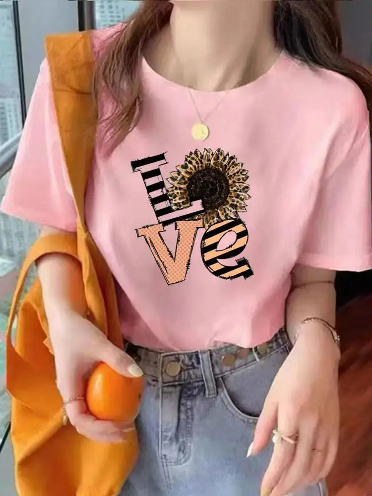 Leopard Love Heart Trend Cute Tee Top Fashion Summer Women Clothes O-neck Print Short Sleeve Clothing Graphic T-shirt T Shirt - Suncollections