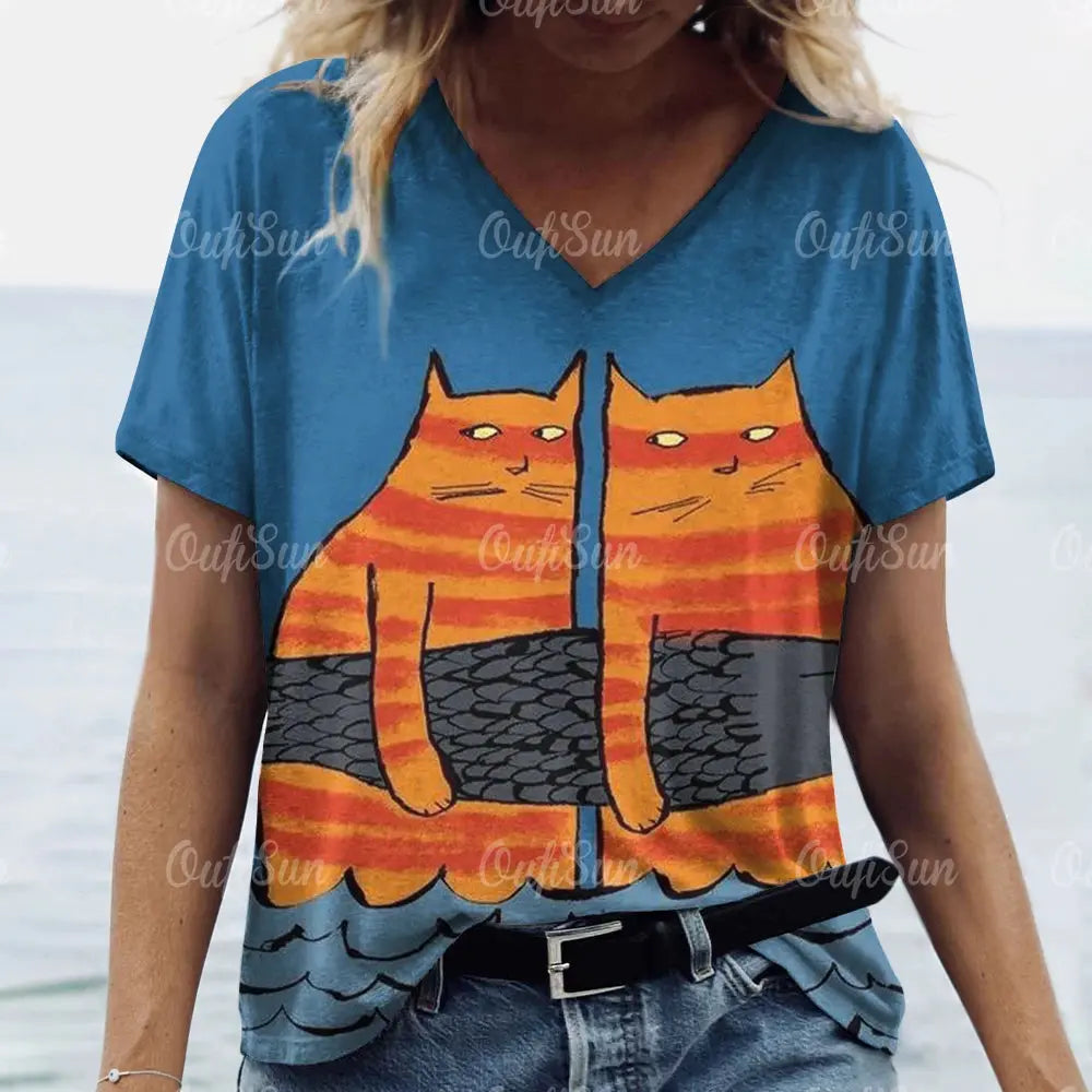 Summer Women's T Shirt Cat Print Casual Short Sleeve 3d T-Shirts Fashion Streetwear Crew Neck Pullover Female Oversized Clothing - Suncollections