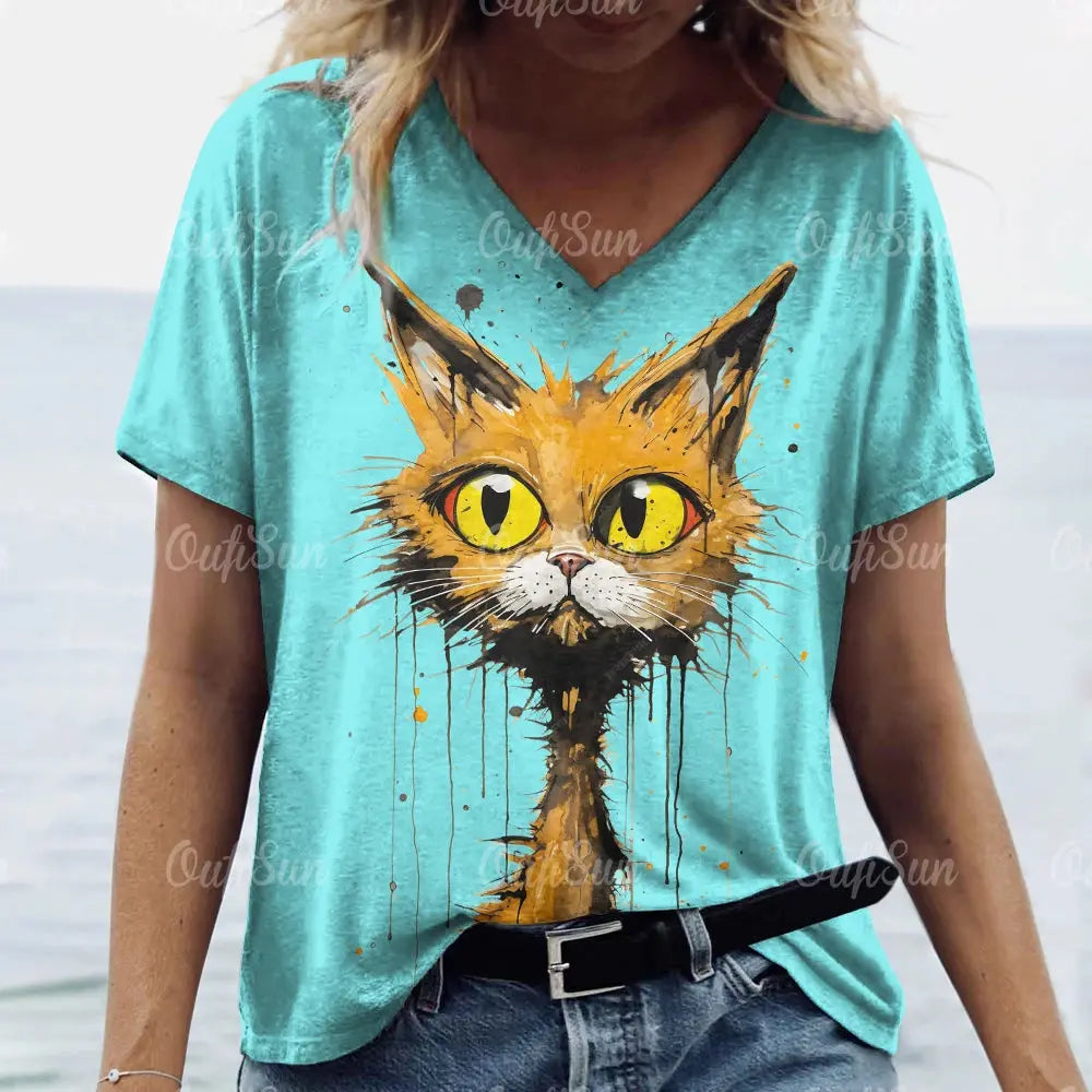 Summer Women's T Shirt Cat Print Casual Short Sleeve 3d T-Shirts Fashion Streetwear Crew Neck Pullover Female Oversized Clothing - Suncollections