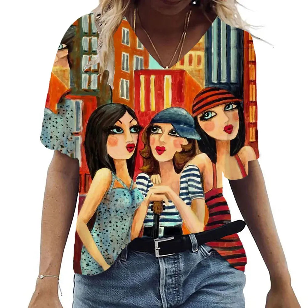 Women's Summer T-Shirt V Neck Short Sleeve Top Abstract Portrait Painted T-Shirt Women's Loose Casual T-Shirt Street Style - Suncollections