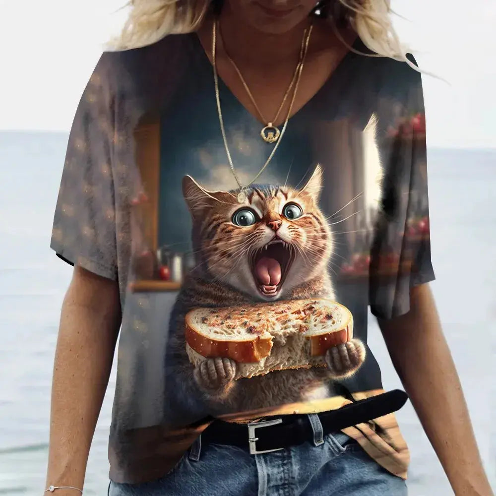 Fashion Women's T-shirt Cat Printed Short Sleeve Female Harajuku Tees Ladies T Shirt Oversized V-neck Tops Animal Women Clothing - Suncollections
