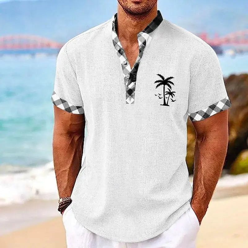 Coconut Tree Plaid 3D Print Henley Shirts Men's Casual Oversized Button Stand Collar Short Sleeve T Shirt Tees Tops Man Clothing - Suncollections