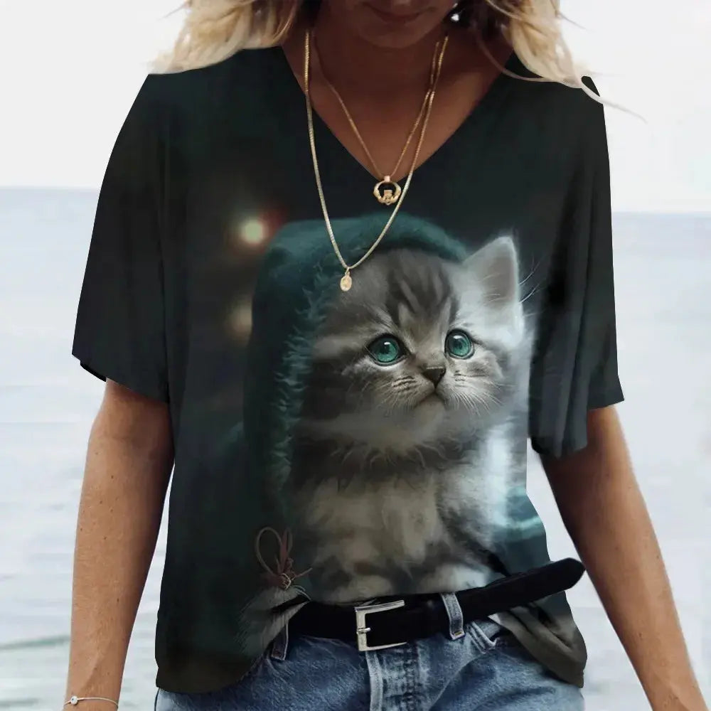 Fashion Women's T-shirt Cat Printed Short Sleeve Female Harajuku Tees Ladies T Shirt Oversized V-neck Tops Animal Women Clothing - Suncollections