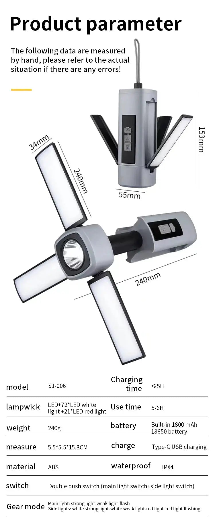 Folding Outdoor Camping Light Portable Rechargeable Hanging Tent Hanging Lantern with Battery Display Emergency Car Outdoor Lamp - Suncollections