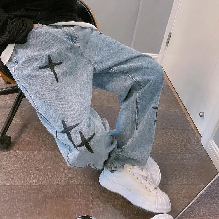 Prints Jeans Men 2023 New Streetwear Baggy Wide Leg Jeans Korean Fashion Drapes Straight Casual Loose Denim Cargo Pants Suncollections