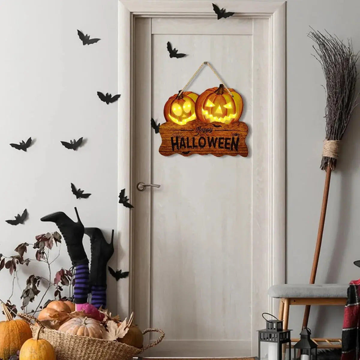 Light up the wooden Halloween sign with two jack-o'-lantern pumpkin lanterns for festive home decoration Suncollections