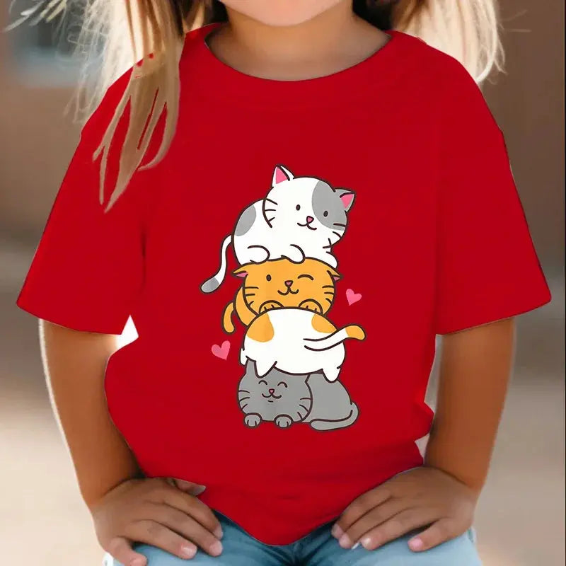 Cute Cat Graphic Kids Tshirts Kawaii T-Shirt Kids Summer Short Sleeve Tees Cartoon Animal Boys Girls Kawaii Kitten Tops Tshirt - Suncollections
