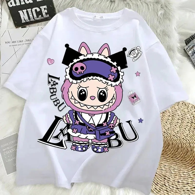 Pop Mart Labubu T-shirts for Women Anime Fashion Short Sleeved Top Summer Hip Hop Black White T-shirt High Quality Clothes - Suncollections