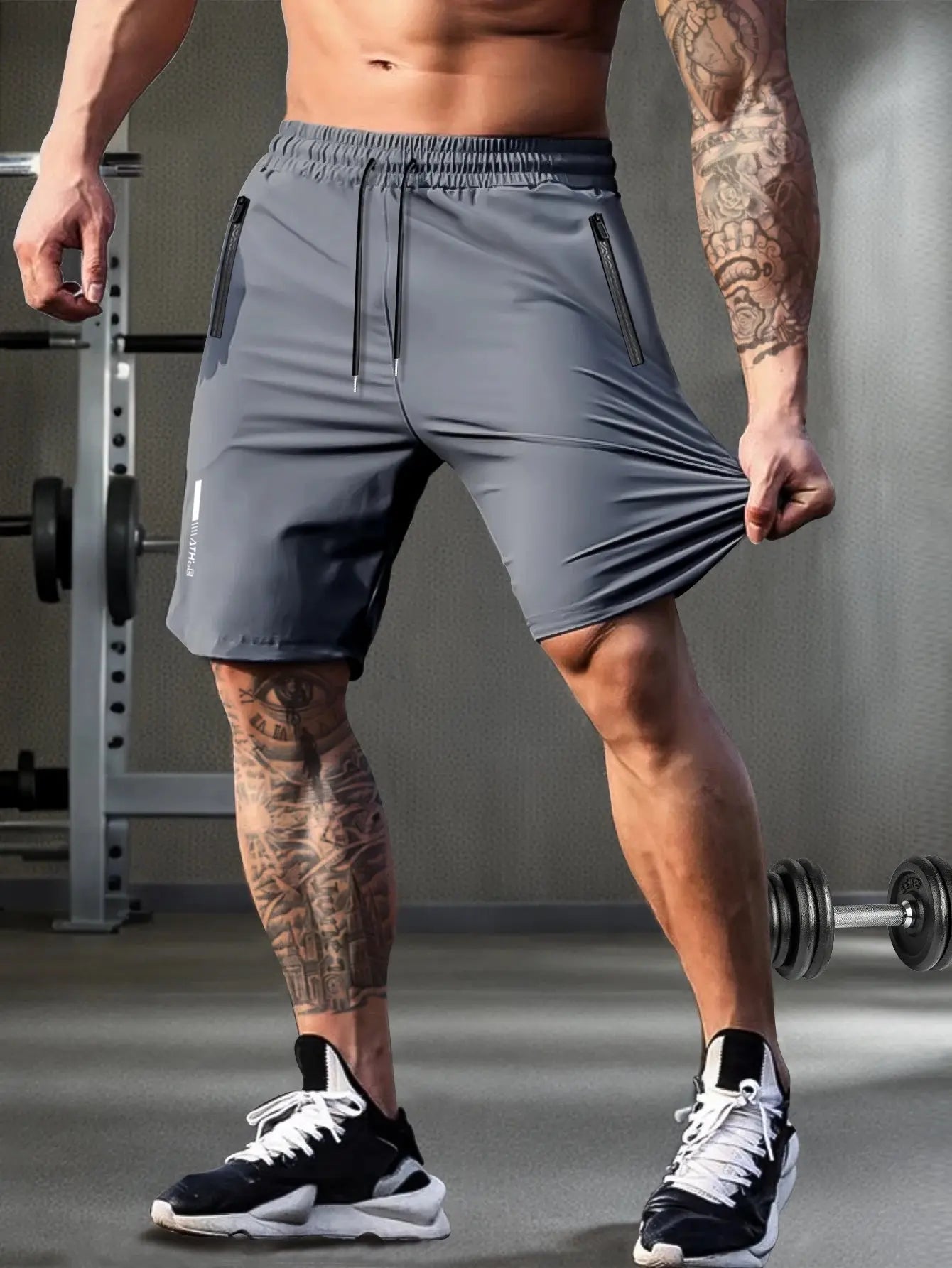 Men's solid color shorts, with zipper pockets, casual elastic drawstring shorts with a loose waist and high elasticity, suitable Suncollections