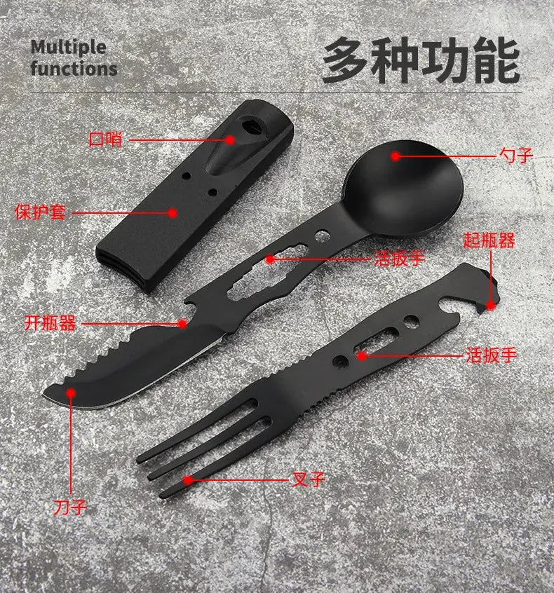 Outdoor Set Multi functional Camping Knives Camping Tableware Outdoor Wind Combination Stainless Steel with Whistle Spoon Fork - Suncollections
