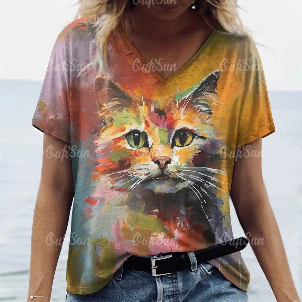Summer Women's T Shirt Cat Print Casual Short Sleeve 3d T-Shirts Fashion Streetwear Crew Neck Pullover Female Oversized Clothing - Suncollections