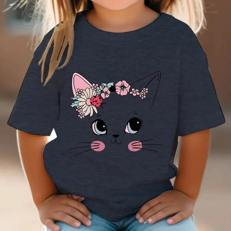Summer Kids T Shirt Flower Cat Graphic Shirt Girls Floral Kitty Tops White Short - Suncollections