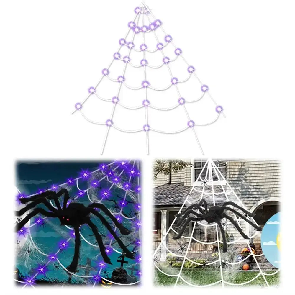 Practical 8 Modes Halloween Spider Web Lights Glow 250 LEDs LED Spider Net Hanging 5m Scary Giant Spider Haunted House Suncollections