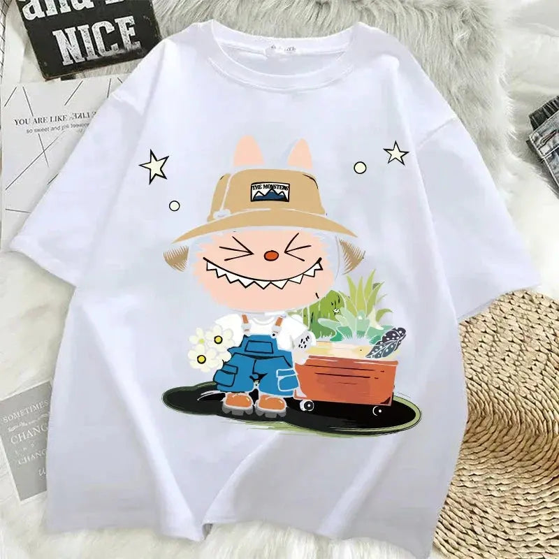 Pop Mart Labubu T-shirts for Women Anime Fashion Short Sleeved Top Summer Hip Hop Black White T-shirt High Quality Clothes - Suncollections