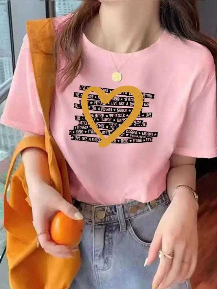 Leopard Love Heart Trend Cute Tee Top Fashion Summer Women Clothes O-neck Print Short Sleeve Clothing Graphic T-shirt T Shirt - Suncollections