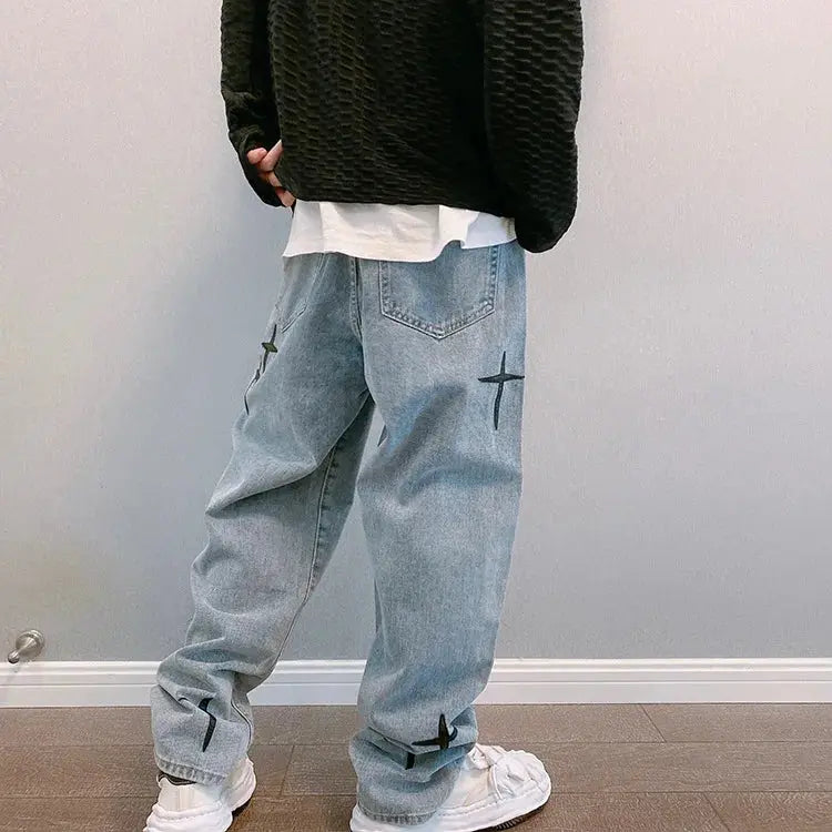 Prints Jeans Men 2023 New Streetwear Baggy Wide Leg Jeans Korean Fashion Drapes Straight Casual Loose Denim Cargo Pants Suncollections