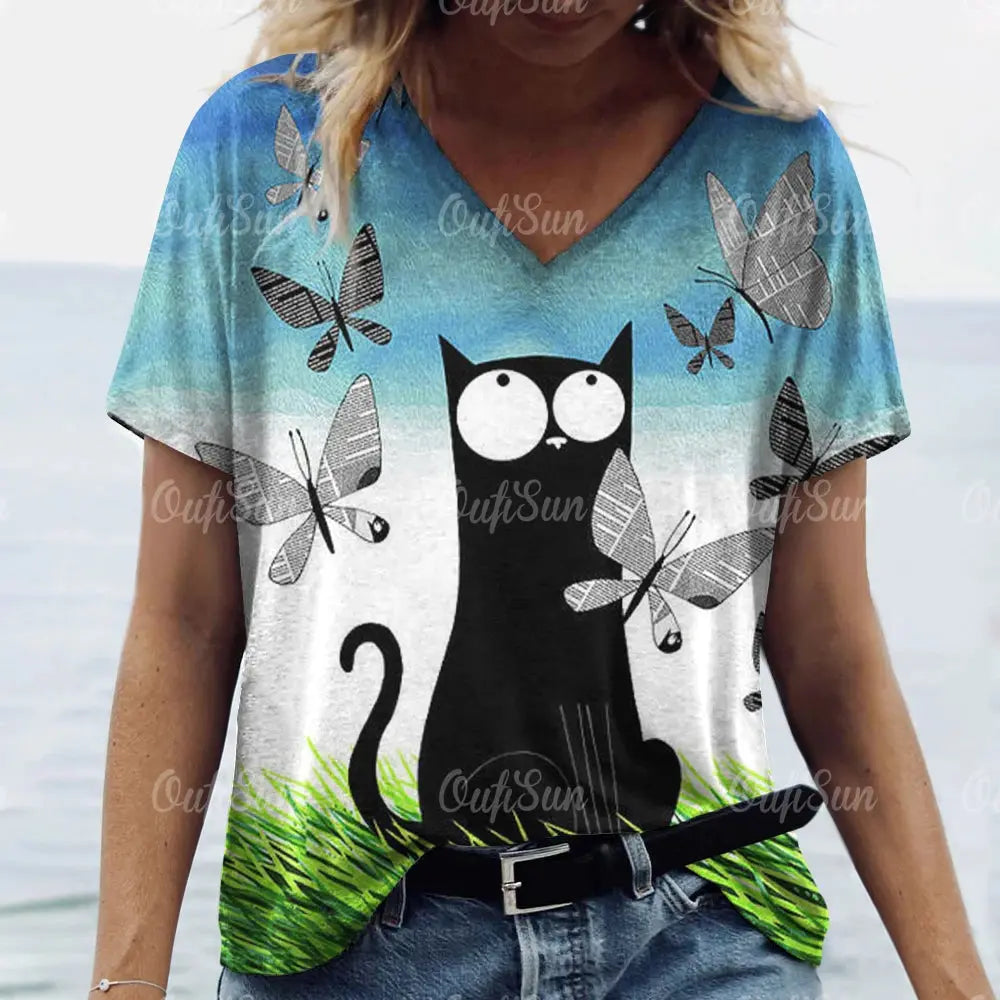 Summer Women's T Shirt Cat Print Casual Short Sleeve 3d T-Shirts Fashion Streetwear Crew Neck Pullover Female Oversized Clothing - Suncollections