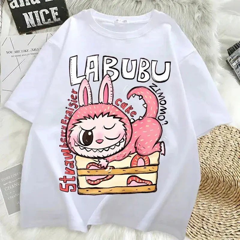 Pop Mart Labubu T-shirts for Women Anime Fashion Short Sleeved Top Summer Hip Hop Black White T-shirt High Quality Clothes - Suncollections